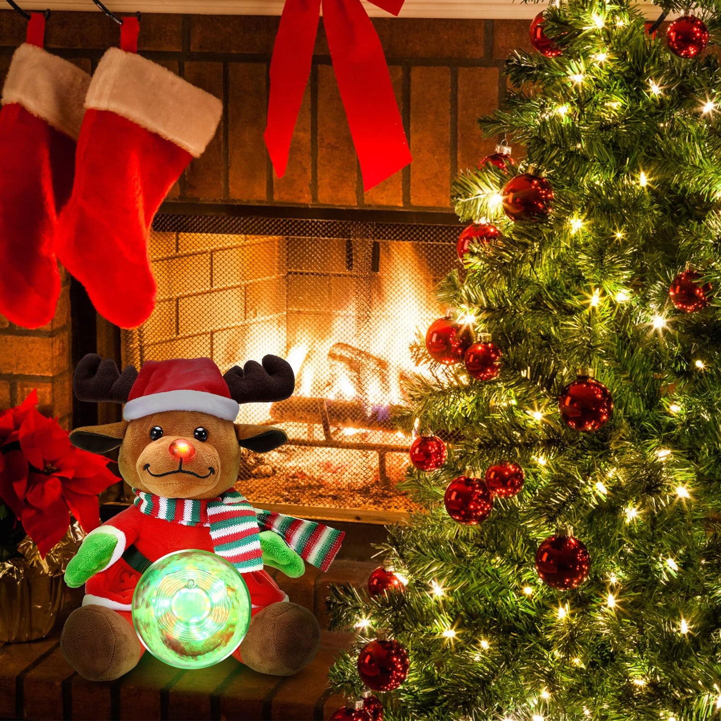 Laelr Singing Glowing Christmas Elk Toy 10'' Christmas Elk Stuffed Animal Plush Toy with Music Snow Globe and LED Lights Christmas Ornaments Musical Doll for Birthday Festivals Gifts for Boys Girls