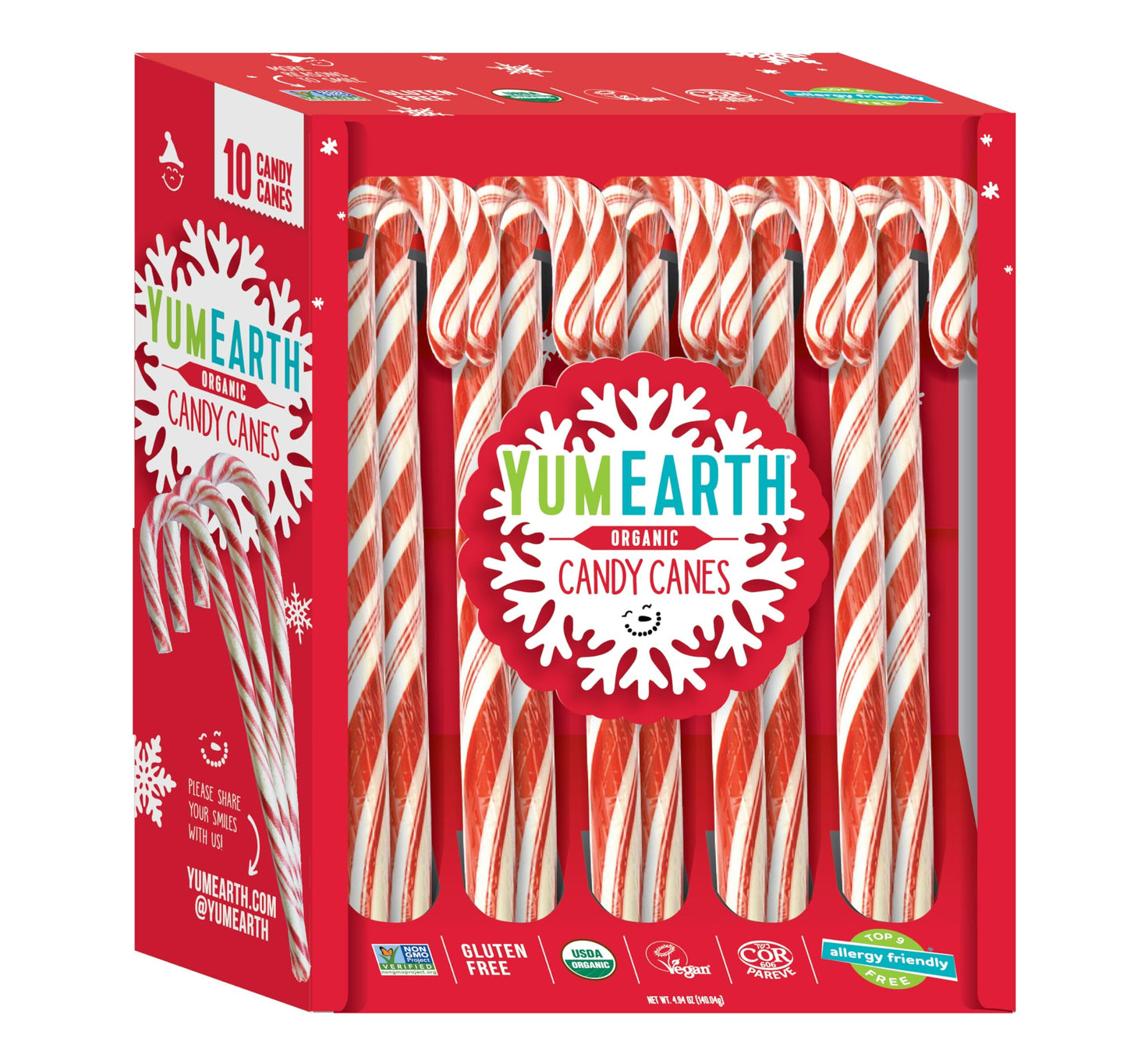 YumEarth Organic Candy Canes - Individually Wrapped Full Size Peppermint Candy Canes - Allergy Friendly, Non GMO, Gluten Free, Vegan, Dye Free Christmas Candy - 10 Count (Pack of 1)
