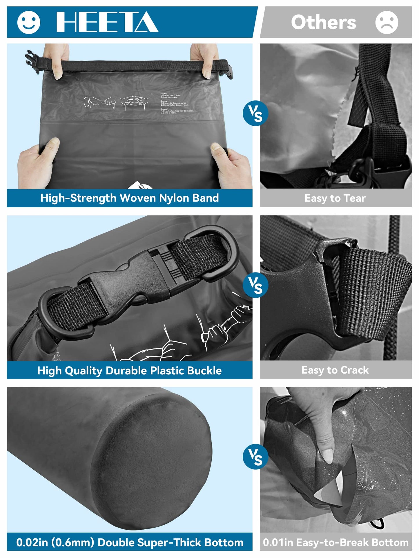 HEETA Dry Bag Waterproof for Women Men, Roll Top Lightweight Dry Storage Bag Backpack with Phone Case for Travel Swimming Boating Kayaking Paddle Board Camping Beach Accessories (Transparent Black,5L)