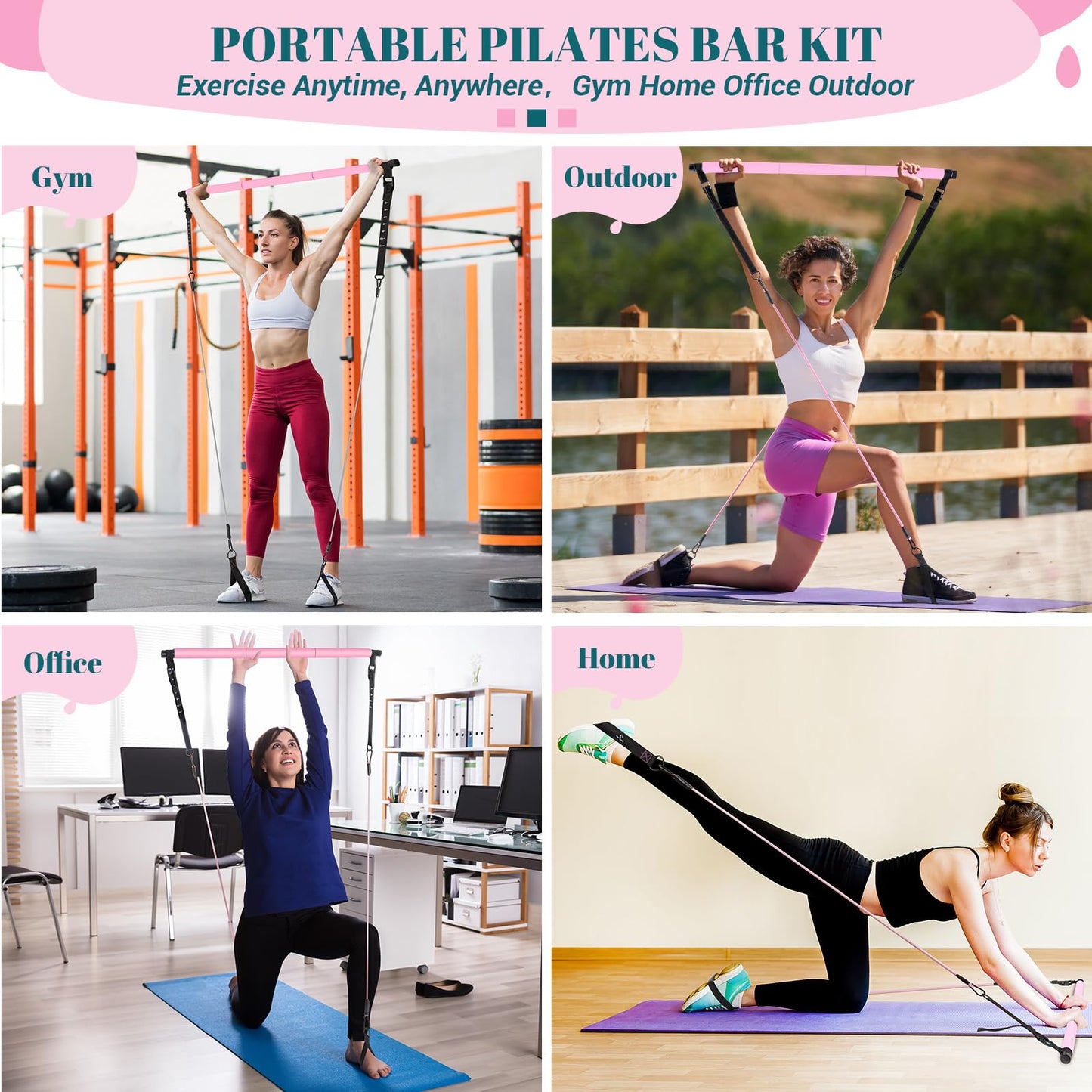 Pilates Bar Kit with Resistance Bands, Multifunctional Yoga Pilates Bar with Heavy-Duty Metal Adjustment Buckle, Portable Home Gym Pilates Resistance Bar for Women Full Body Workouts(20-150LBS)-Pink