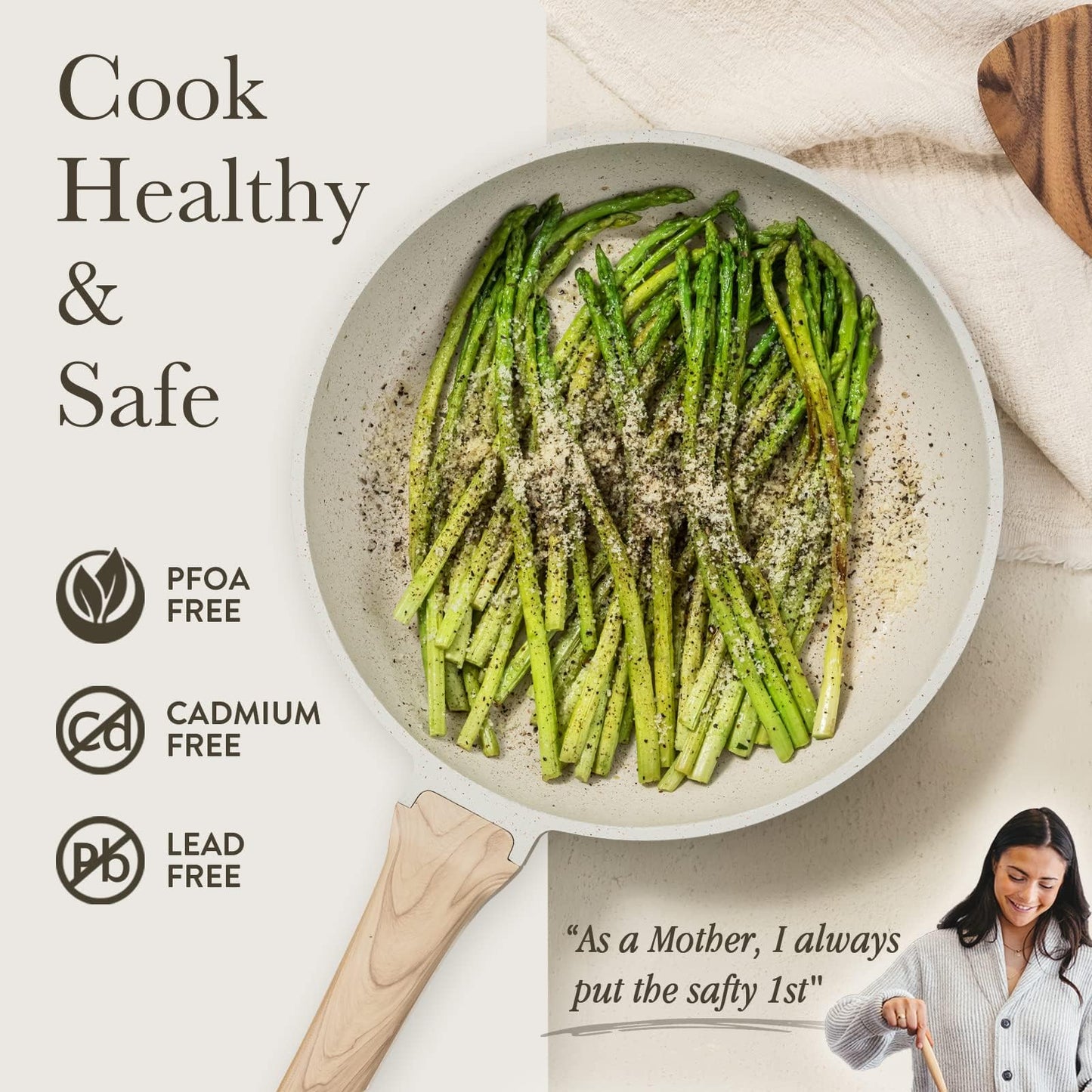 CAROTE Non Stick Frying Pan Skillet, Omelet Pan, Healthy Non Toxic Granite Chef Pan, Induction Compatible Egg Frying Pan with Heat-Resistant Handle, PFOA-Free,Cream White, 8"