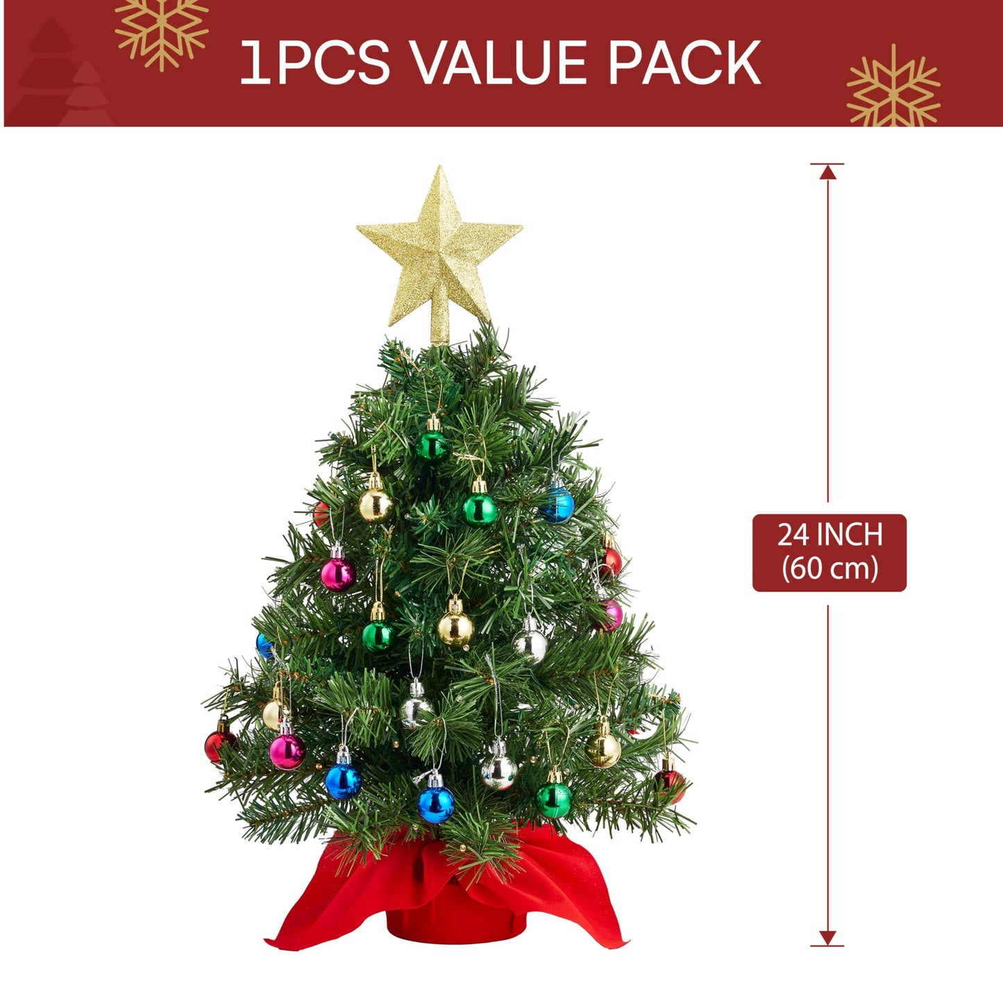 Joiedomi 24"/2FT Mini Christmas Tree Tabletop Set with Clear LED Lights, Artificial Mini Christmas Tree with Star Treetop and Hanging Ornaments, Best DIY Xmas Decorations