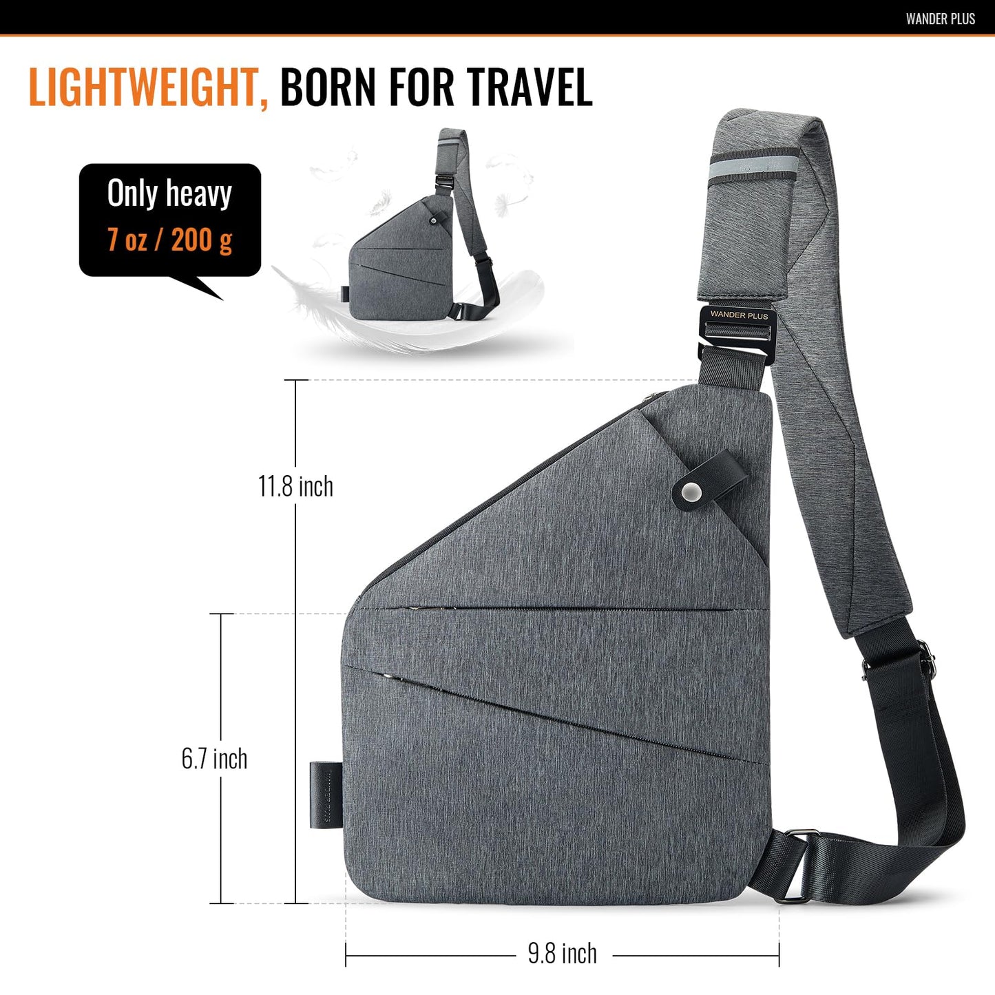 WANDER PLUS Anti Theft Crossbody Bag, Shoulder Bag Anti-theft Design for Travel, Sport, Work, Grey