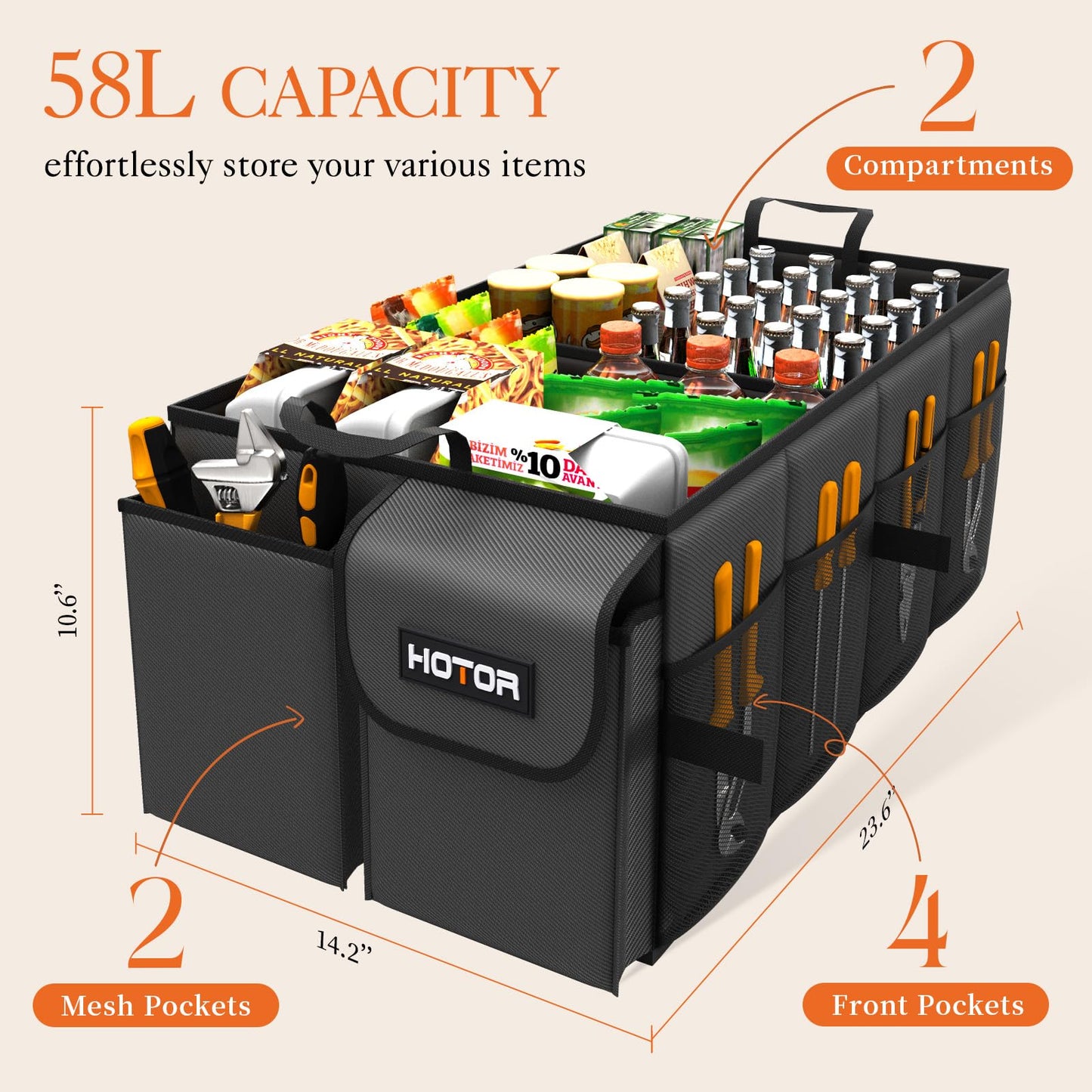 HOTOR Foldable Trunk Organizer - SUVs & Sedans, Sturdy Car Organization With 2 Compartments, Black, 23.6"14.2"10.6"