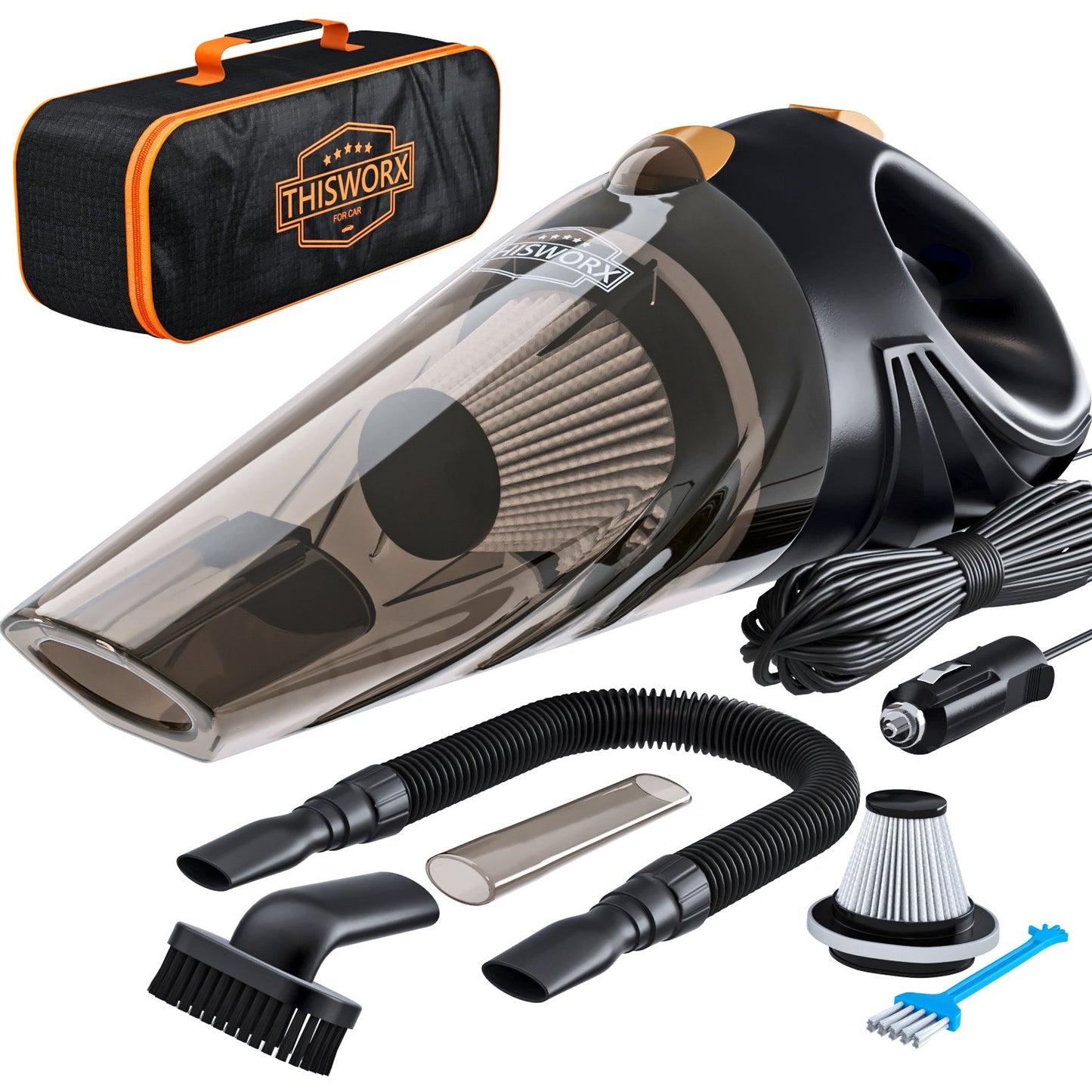THISWORX Car Vacuum Cleaner - Portable, High Power, Handheld Vacuums w/ 3 Attachments, 16 Ft Cord & Bag - 12v, Auto Accessories Kit for Interior Detailing - Black
