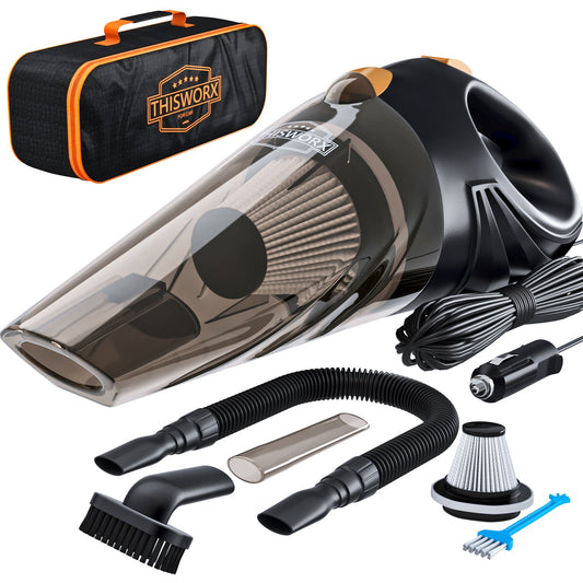 THISWORX Car Vacuum Cleaner - Portable, High Power, Handheld Vacuums w/ 3 Attachments, 16 Ft Cord & Bag - 12v, Auto Accessories Kit for Interior Detailing - Black