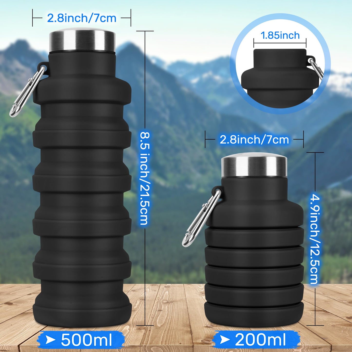 Rotayi Collapsible Water Bottle, 16oz Portable Reusable Silicone Water Bottle, BPA-Free Leak-Proof Foldable Design with Carabiner, Lightweight Durable for Gym, Travel, Camping, Hiking, Sports-Black
