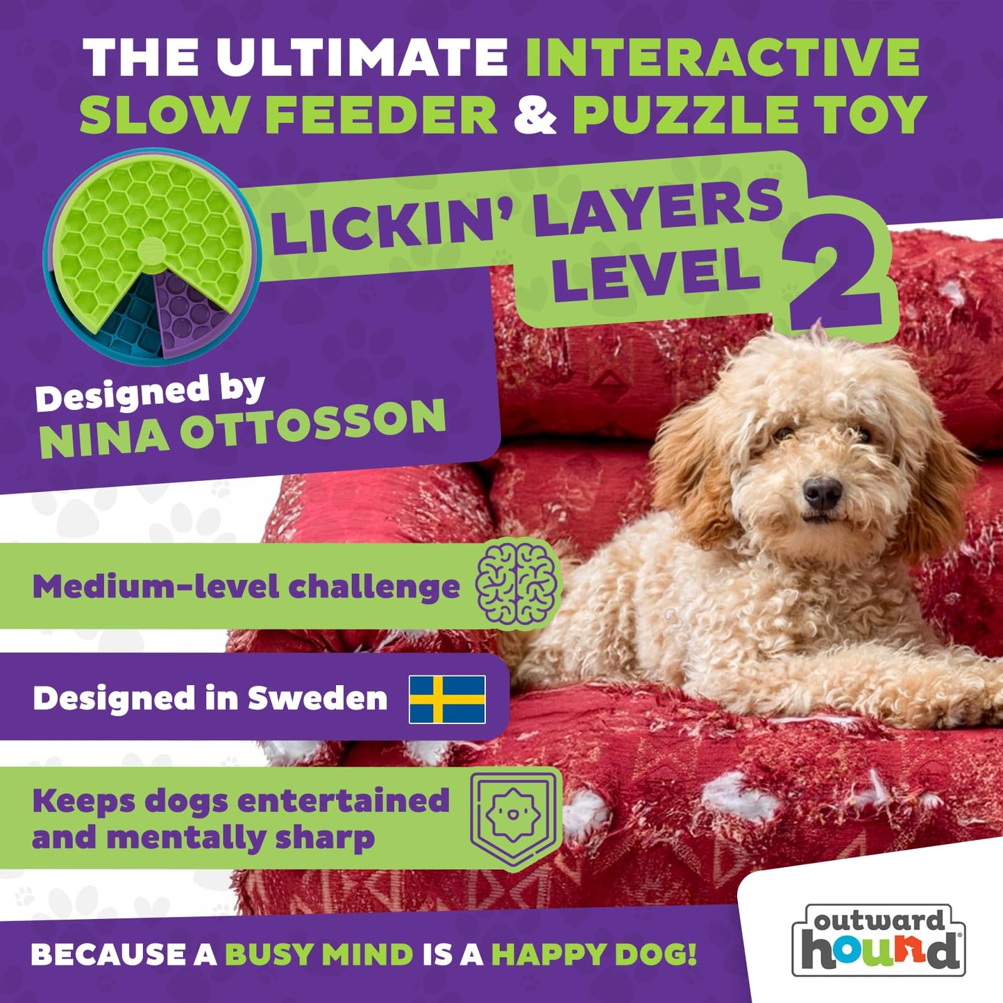 Outward Hound by Nina Ottosson Lickin’ Layers 3-in-1 Interactive Dog Feeder Puzzle, Lick Mat & Slow Feeder Bowl – Mental Stimulation Toy for Medium & Large Dogs, Holds 2 Cups of Wet or Dry Food