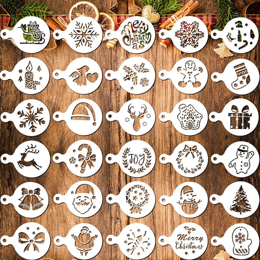 Vesici 30 Pieces Christmas Cookie Stencils Templates Decorations Christmas Coffee Baking Painting Mold Tools Plastic Cookie Coffee Decorating Stencils Reusable Xmas Baking Tools for DIY