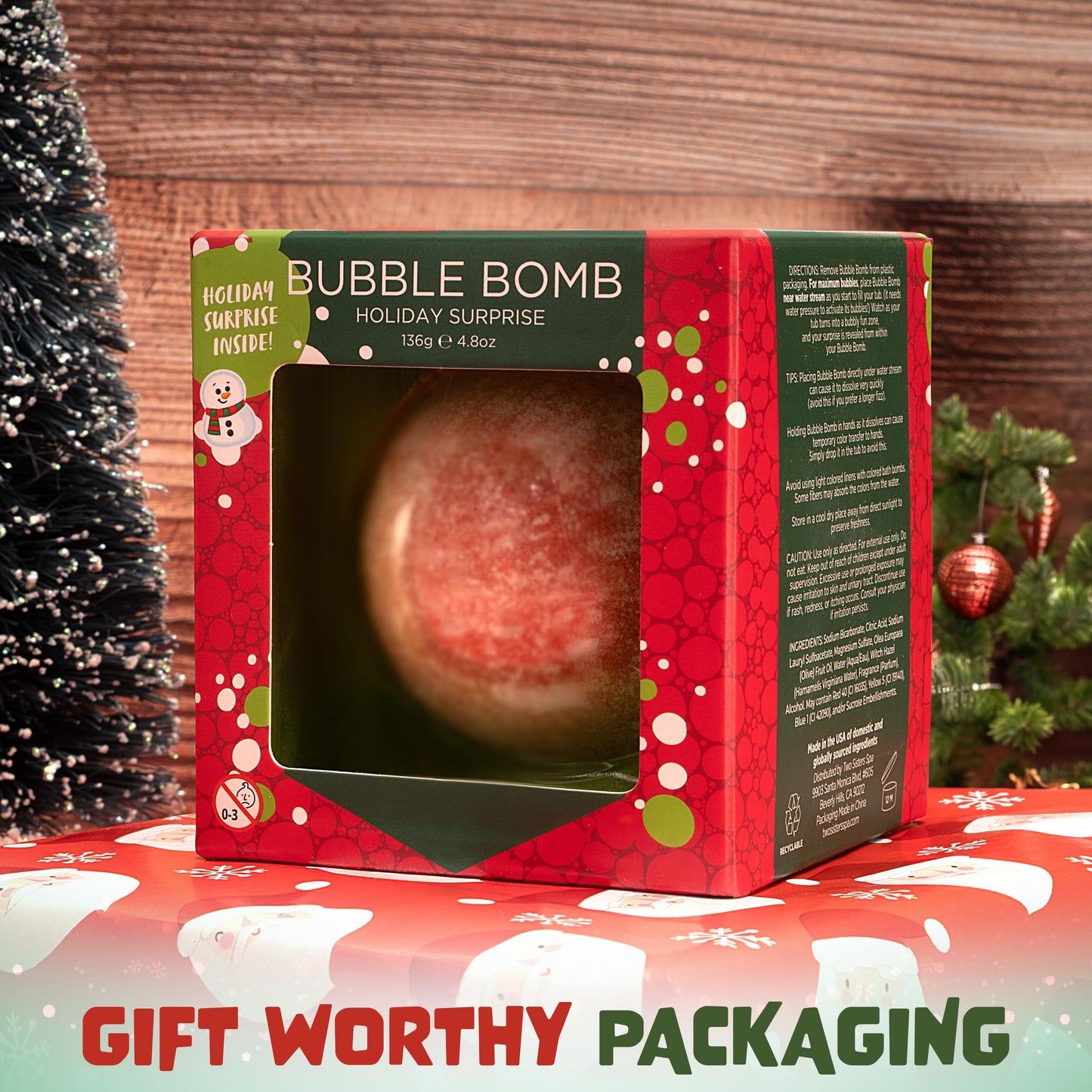 Christmas Bath Bomb for Kids with Surprise Bath Toys Inside (Gift Set) - Stocking Stuffers for Boys and Girls - Holiday Bubble Bath with Cheerful Scent, USA Made by Two Sisters
