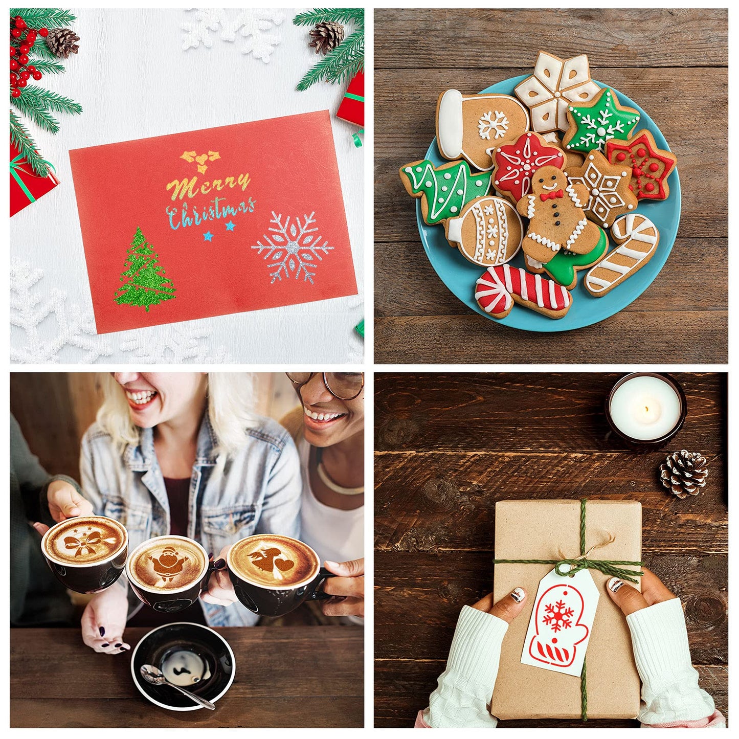 Vesici 30 Pieces Christmas Cookie Stencils Templates Decorations Christmas Coffee Baking Painting Mold Tools Plastic Cookie Coffee Decorating Stencils Reusable Xmas Baking Tools for DIY