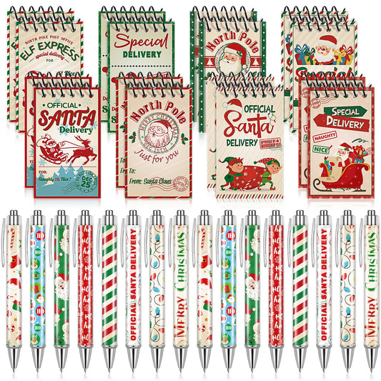 Zhanmai 32 Pcs Christmas Mini Notepads with Pens Set North Pole Spiral Notepads Official Santa Delivery Pens Xmas Memo Notebooks Ballpoint Pen for Kids Xmas Holiday Party(Classic Color)