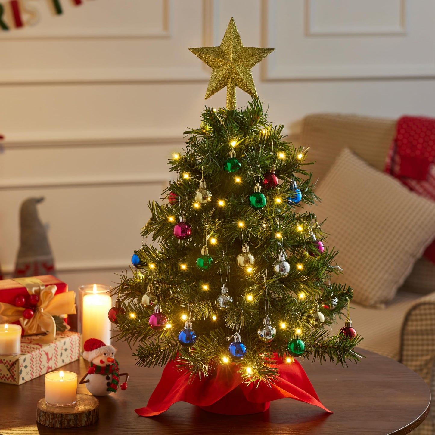 Joiedomi 24"/2FT Mini Christmas Tree Tabletop Set with Clear LED Lights, Artificial Mini Christmas Tree with Star Treetop and Hanging Ornaments, Best DIY Xmas Decorations