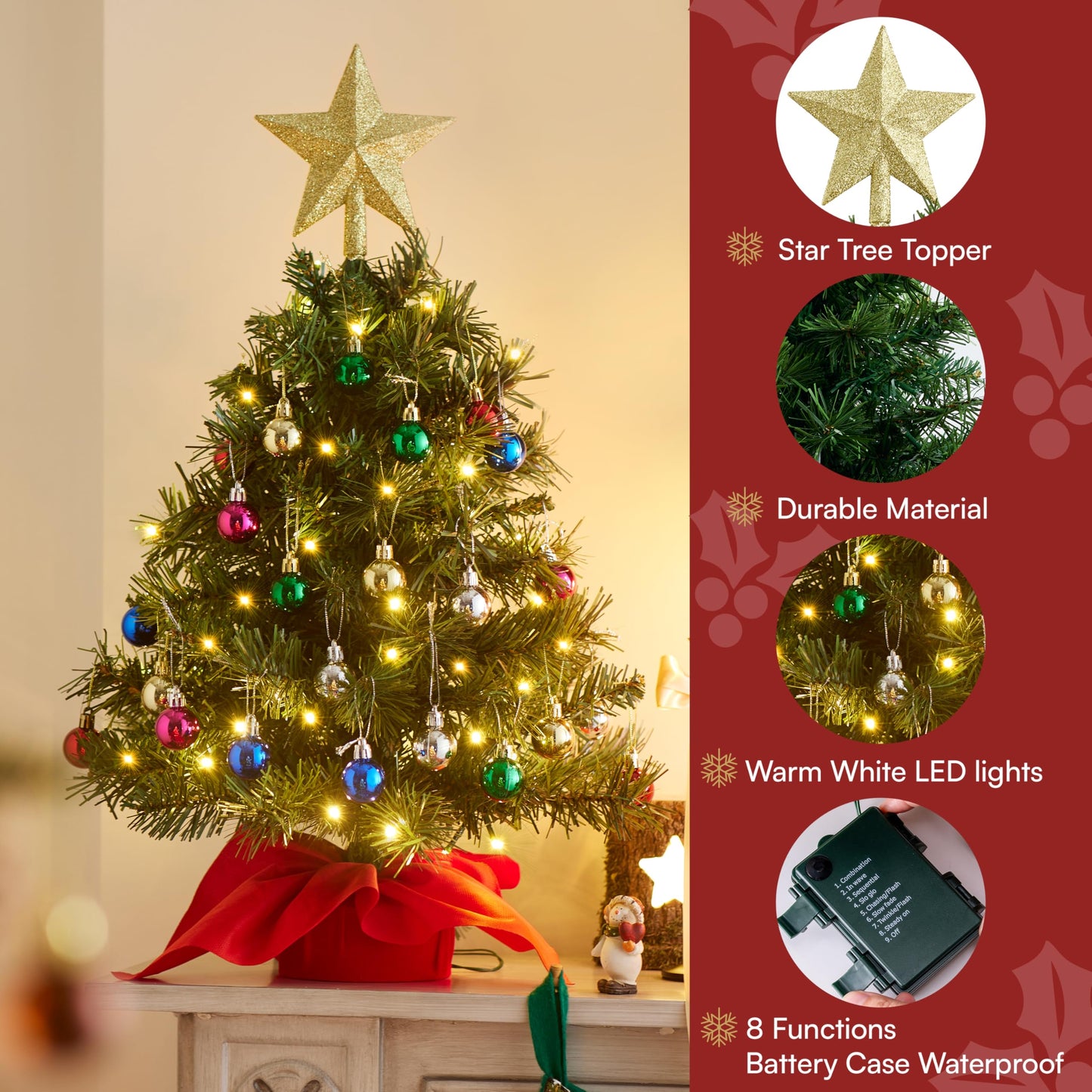Joiedomi 24"/2FT Mini Christmas Tree Tabletop Set with Clear LED Lights, Artificial Mini Christmas Tree with Star Treetop and Hanging Ornaments, Best DIY Xmas Decorations